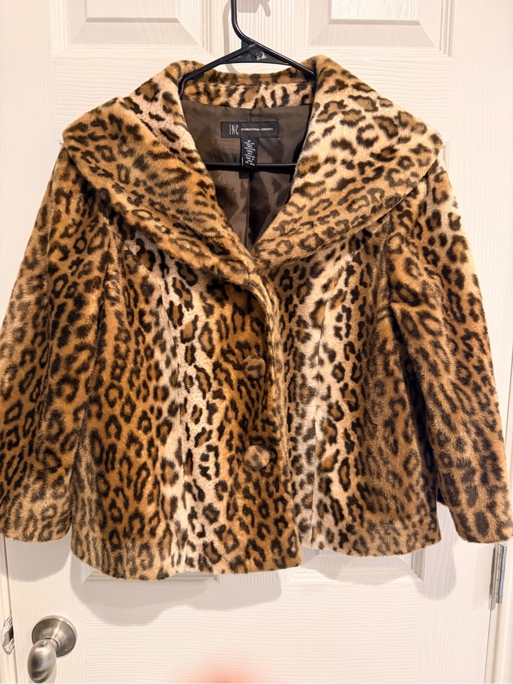 INC International Concepts Leopard-Print Faux Fur Jacket in Brown and Cream